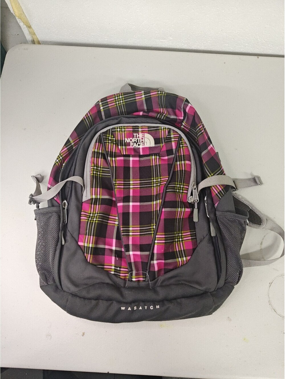 The North Face Wasatch Backpack Daypack Pink Gray Plaid School Hiking Bag Scuffs